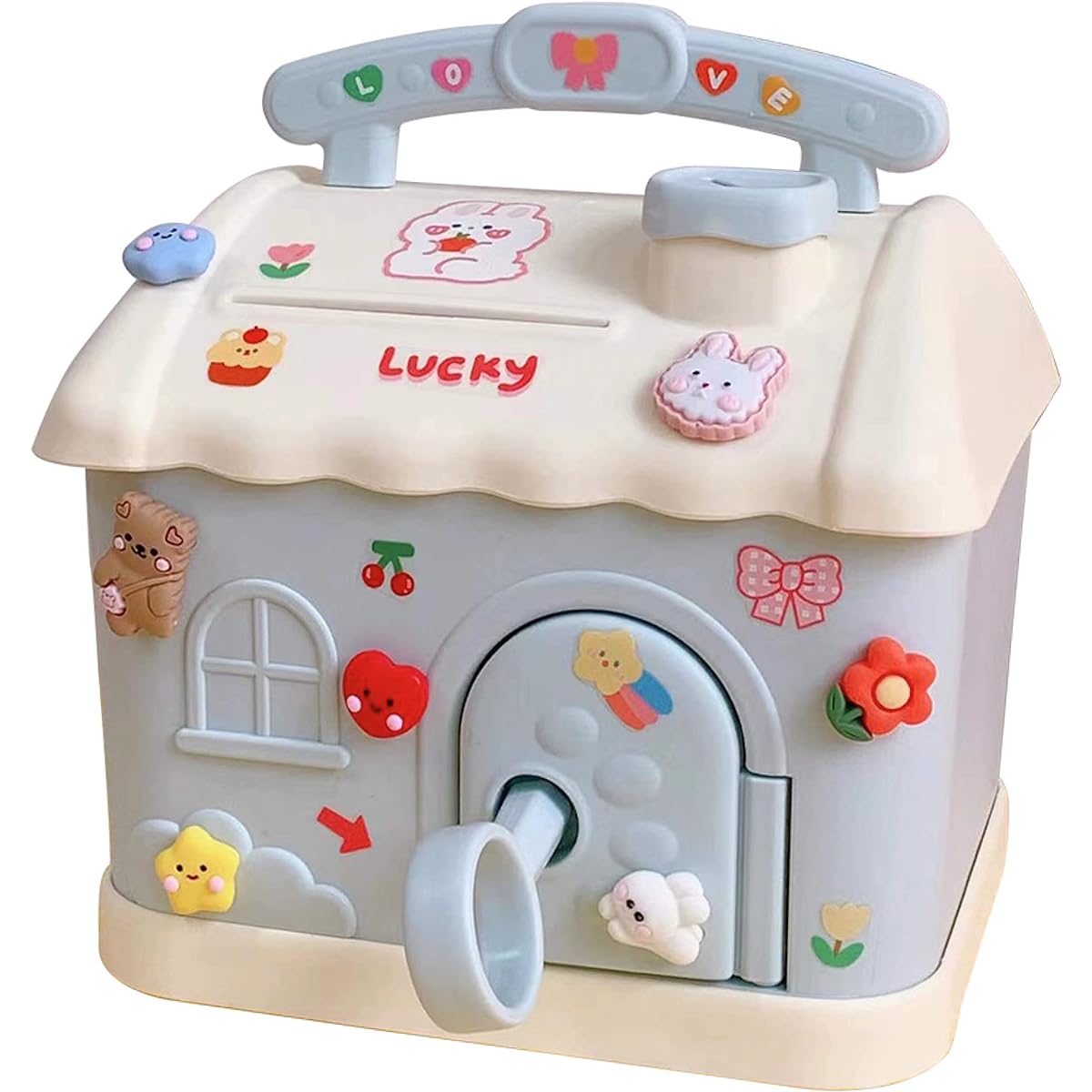 Cute Piggy Bank with Stickers and Patches, Cute Piggy Bank for Bills and Coins, Cute Cream House Gadgets Storage Box for School Girls Teens, Large Capacity with Lock (Blue)
