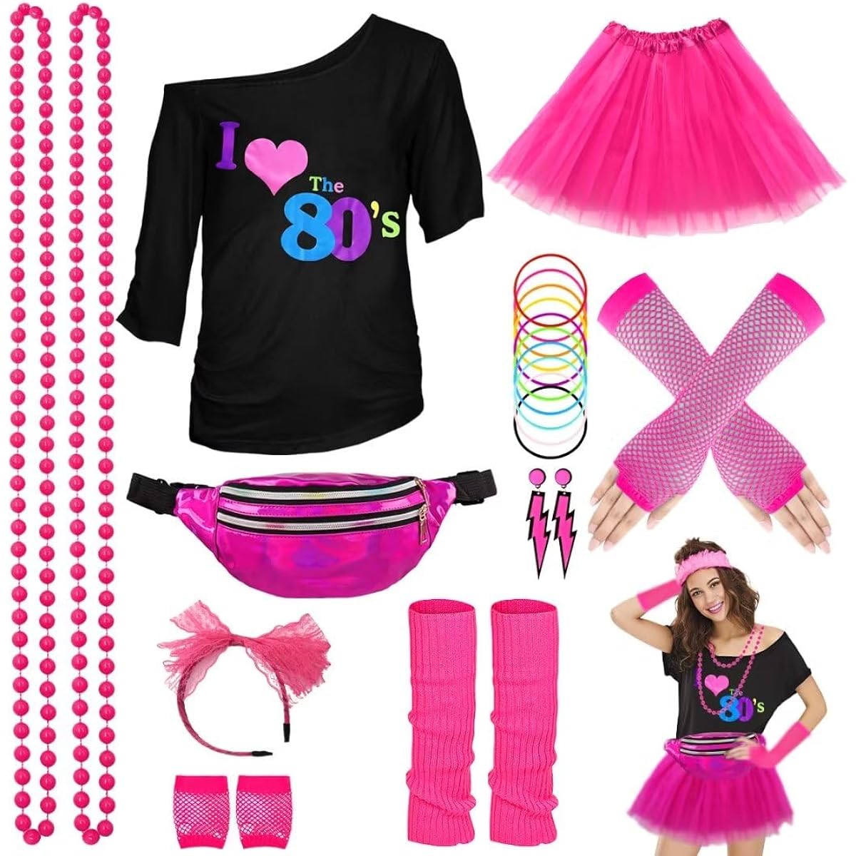 WILDPARTY 80s Costume Accessories for Women T-Shirt Tutu Fanny Pack Headband Earrings Necklace Fishnet Gloves Leg Warmers