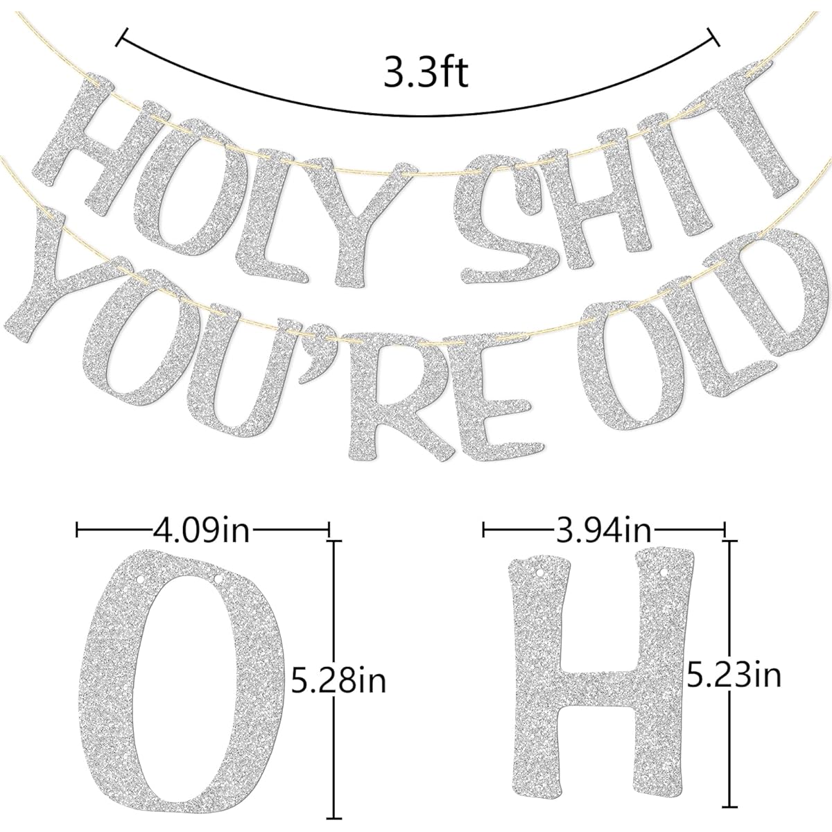 Holy Shit You're Old Banner Gold Glitter 30 Years Old 40 Years 50 Hours 60 Years 70 Years 80 Years 90 Years Funny Birthday Banner Sign Bunting Party Decor Photo Booth Props (Silver)