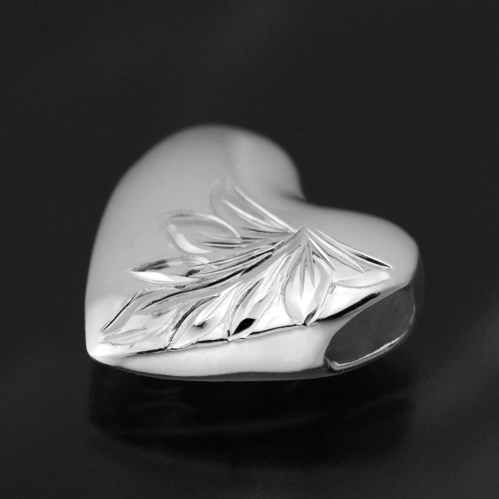 [Leilani] Hawaiian Jewelry Heart Reversible Plumeria & Scroll (Wave) Engraved Pendant Necklace Silver 925
