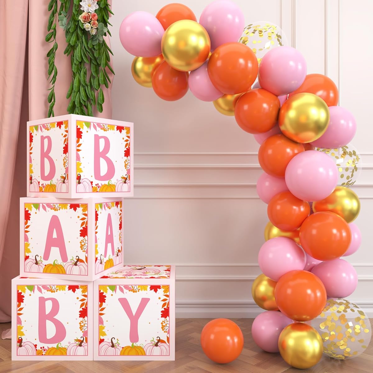 Pumpkin Baby Shower Decorations Balloon Box Girls Baby Block Decorations Little Pumpkin Baby Shower Fall Theme Gender Reveal Birthday Party Supplies (Pink)