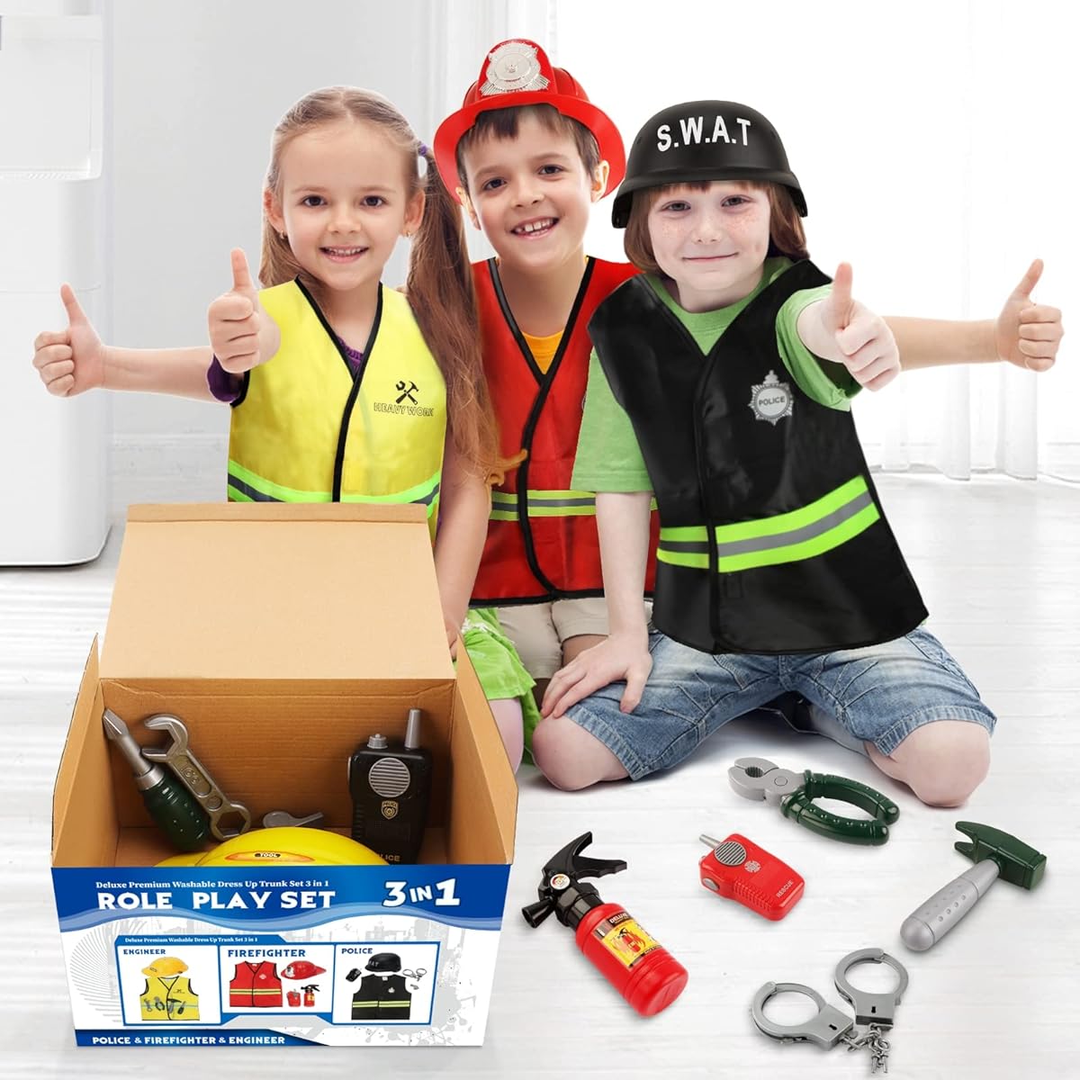 [FUAUFAS] Cocojeci Boys Dress up Trunk Costumes Set,15pcs Pretend Role Play Set Fireman, Police, Construction Worker Costume with Accessories for Kids Ages 3-7