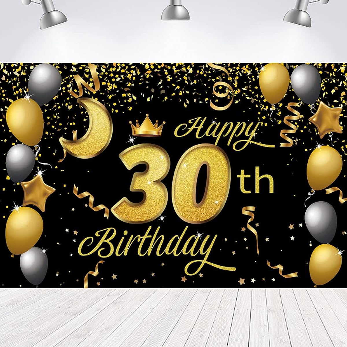 Sweet Happy 30th Birthday Background Banner Poster 30th Birthday Party Decorations 30th Birthday Party Supplies 30th Photo Backdrop for Girls Boys Women Men - Black Gold 72.8 x 43.3 inches