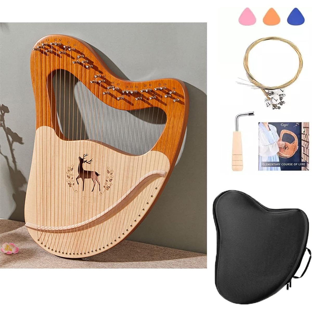 WowZza Lyra Harp, 32 String Mahogany Wooden Stringed Instrument, Lyra Harp with Carry Bag, Tuning Wrench, Spare Strings, for Beginners Kids Children Adults