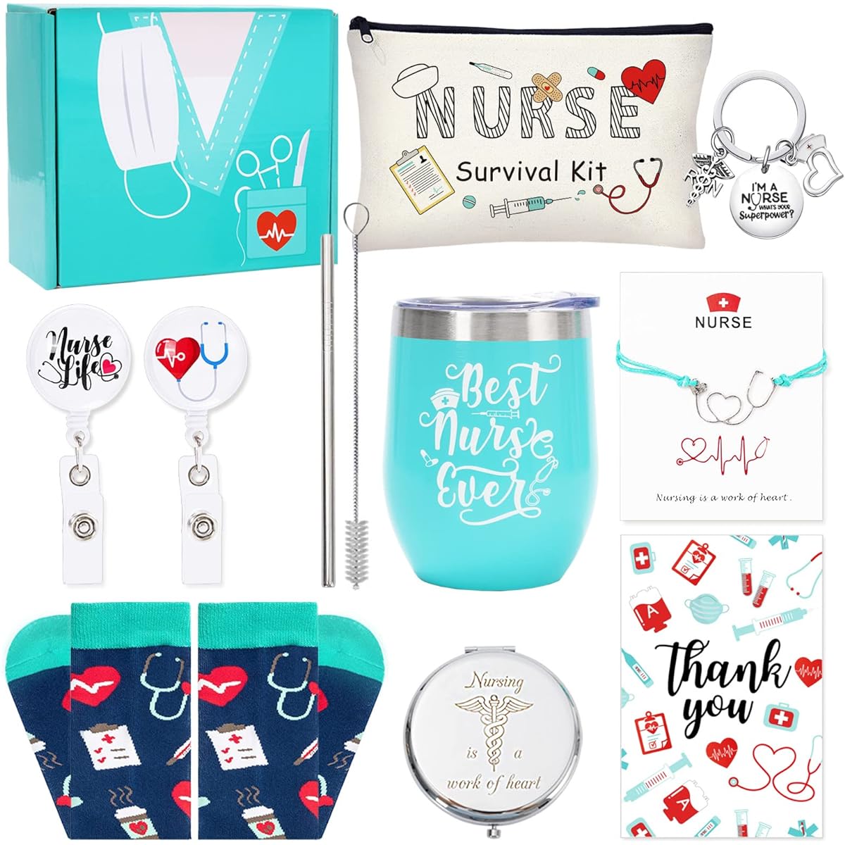 Walaline Nurse Gift Box, Nurse Appreciation Gift Set, Cup, Keychain, Mirror, Thank You Card, Nurse Graduation Gift, Unique Nurse Practitioner, Nurse Weekly, Caregiving, School, Birthday Party Supplies