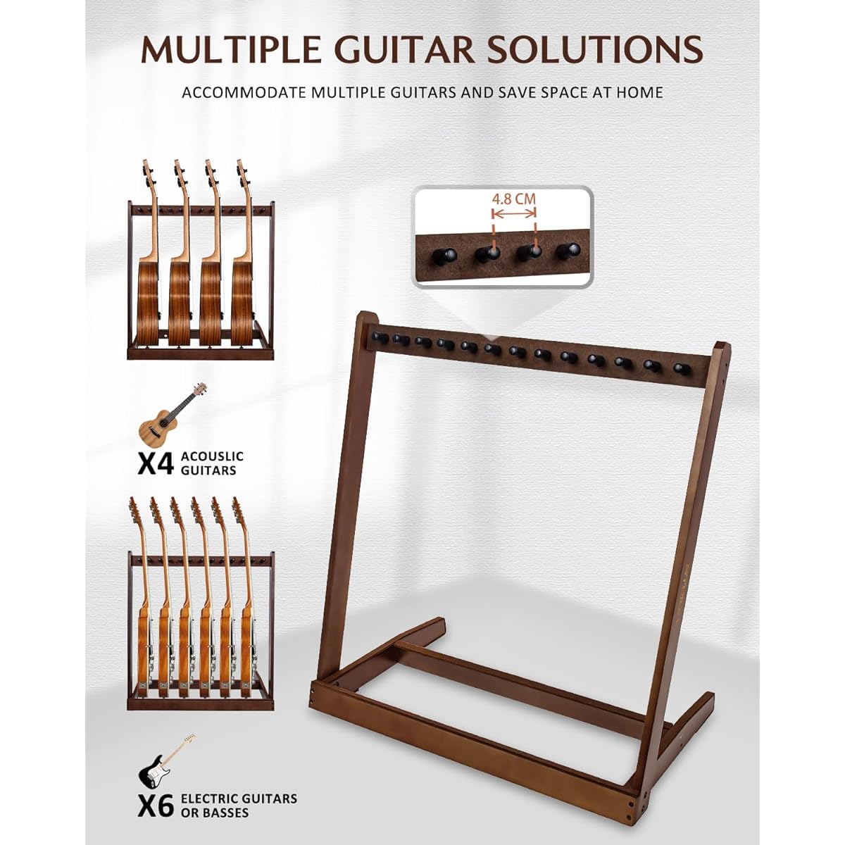 STRICH Guitar Stand for Multiple Guitars, Hardwood Guitar Rack for 6 Electric Guitar Bass or 4 Acoustic Guitars, Padded Multi-Guitar Display for Home/Studio/SMT-10 (6 Holders)