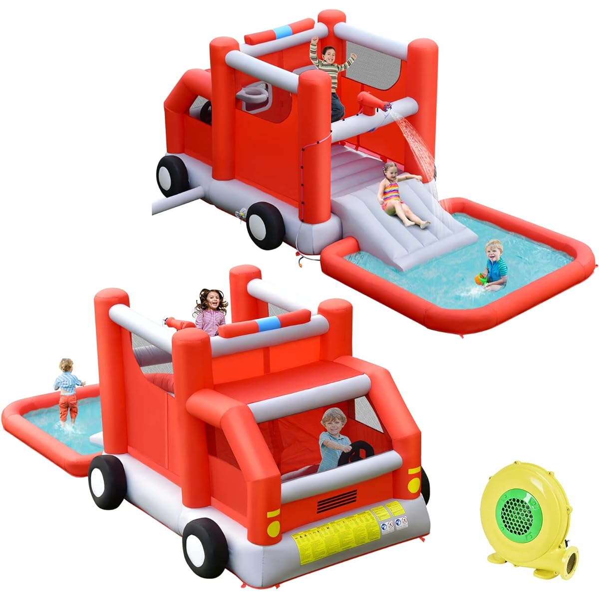 (Honey Joy) HONEY JOY Inflatable Water Slide Fire Truck Toddler Inflatable Water Park Giant Splash Pool Outdoor Water Bounce House Water Slide for Kids and Adults Backyard (With 480W Blower)