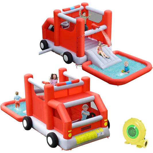 (Honey Joy) HONEY JOY Inflatable Water Slide Fire Truck Toddler Inflatable Water Park Giant Splash Pool Outdoor Water Bounce House Water Slide for Kids and Adults Backyard (With 480W Blower)