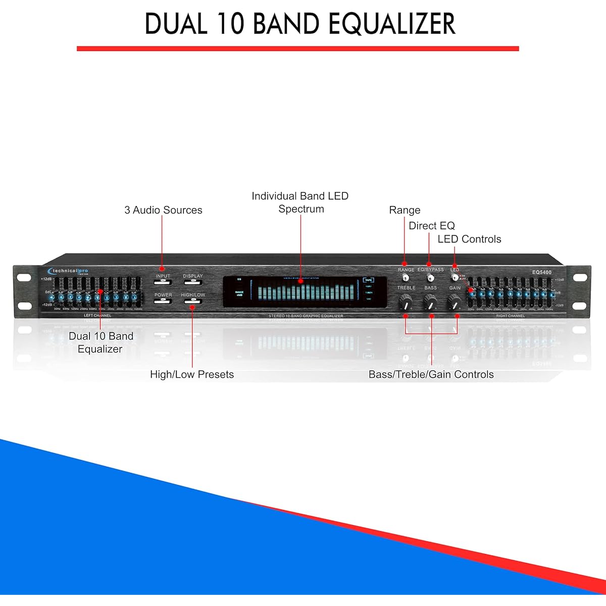 Technical Pro Dual 10 Band Professional Stereo Equalizer with Individual LED Indicator