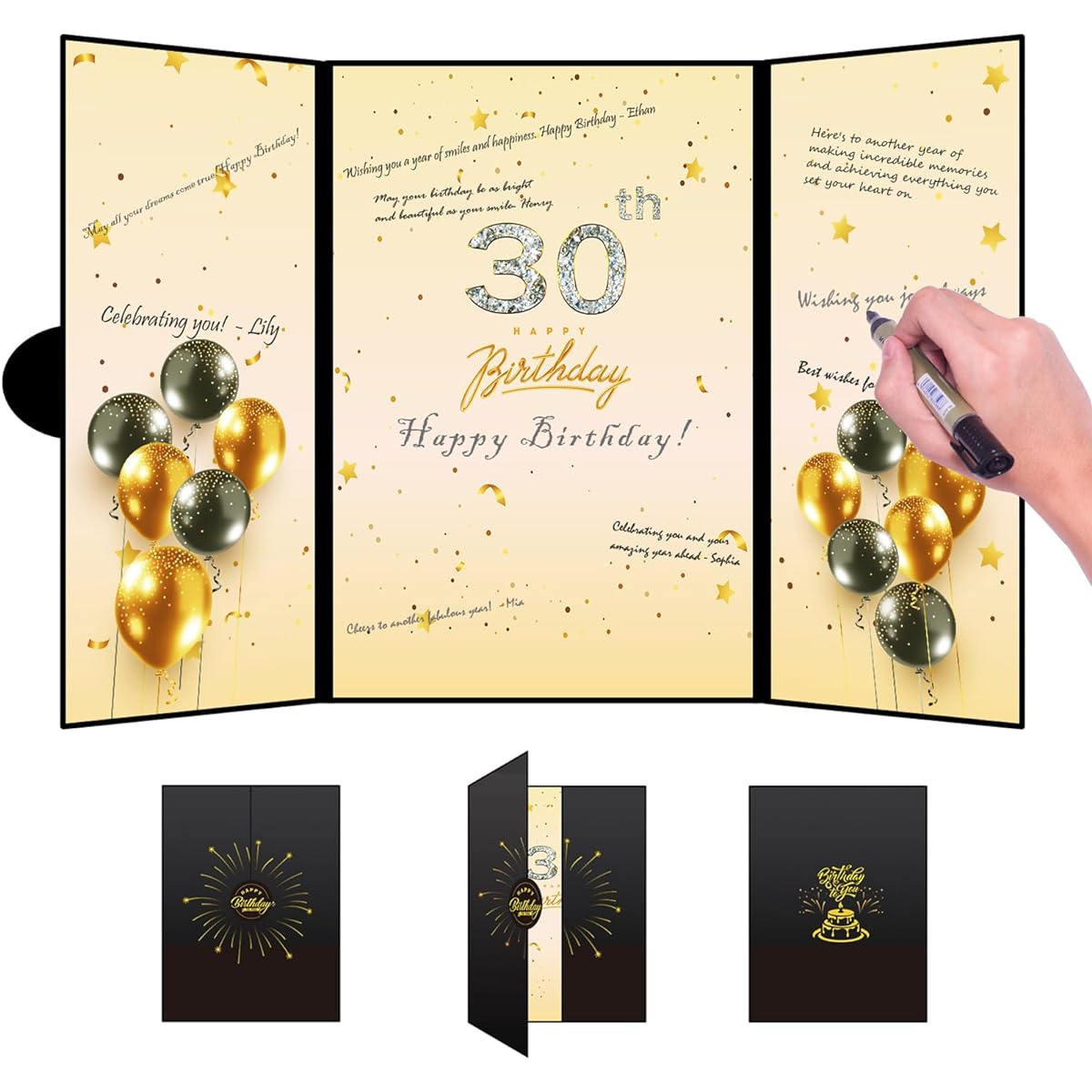 DASTTUIS Happy 30th Birthday Decorations for Her and Him - Black & Gold Birthday Guest Book Alternative - 30th Birthday Gifts for Men and Women - Memorable Signature Book - 30th Birthday Card