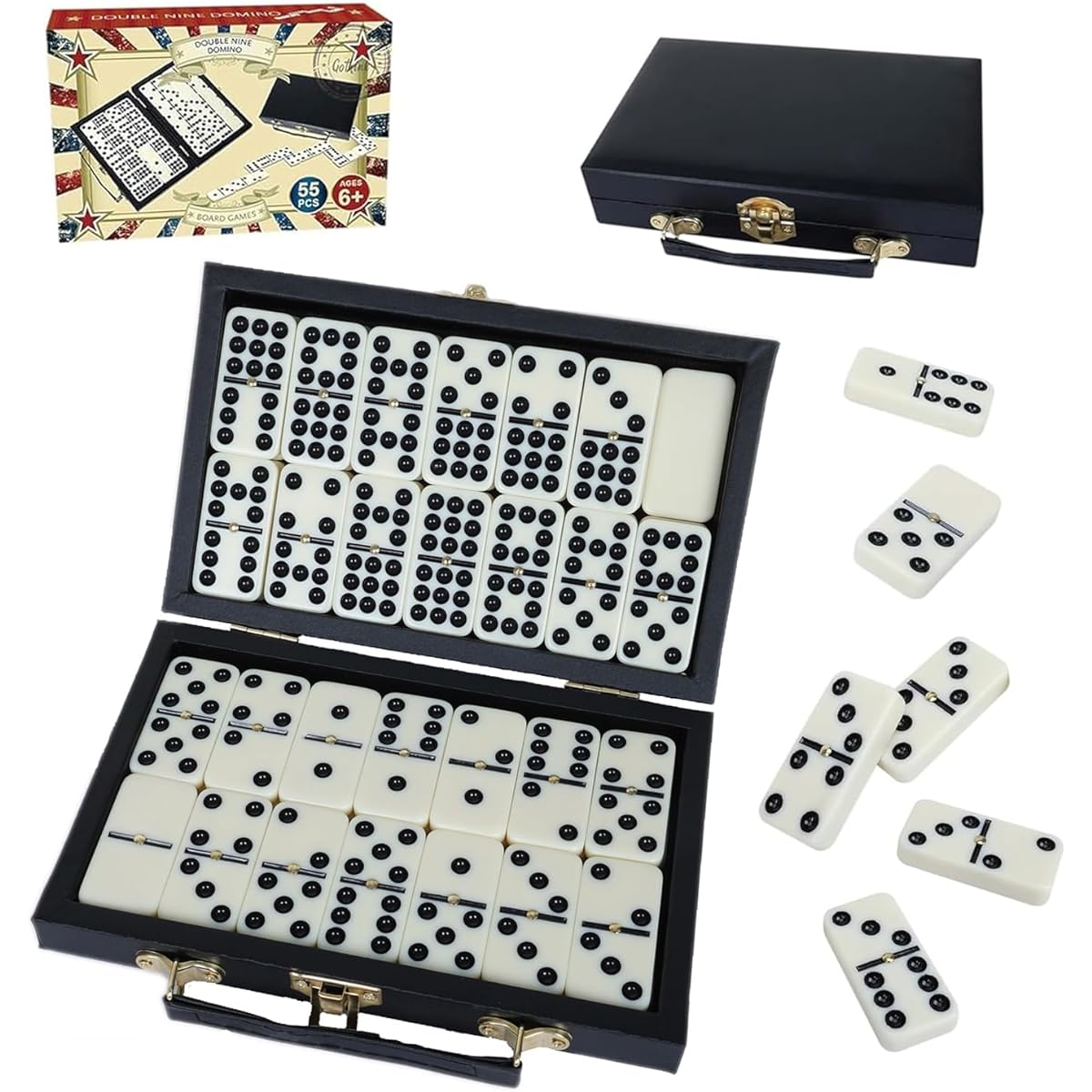 GOTHINK Double Nine Domino 55 Tiles Dots Domino Game Set with Leather Box, Classic Family Board Game for Kids/Adults/Family, 2-6 Players