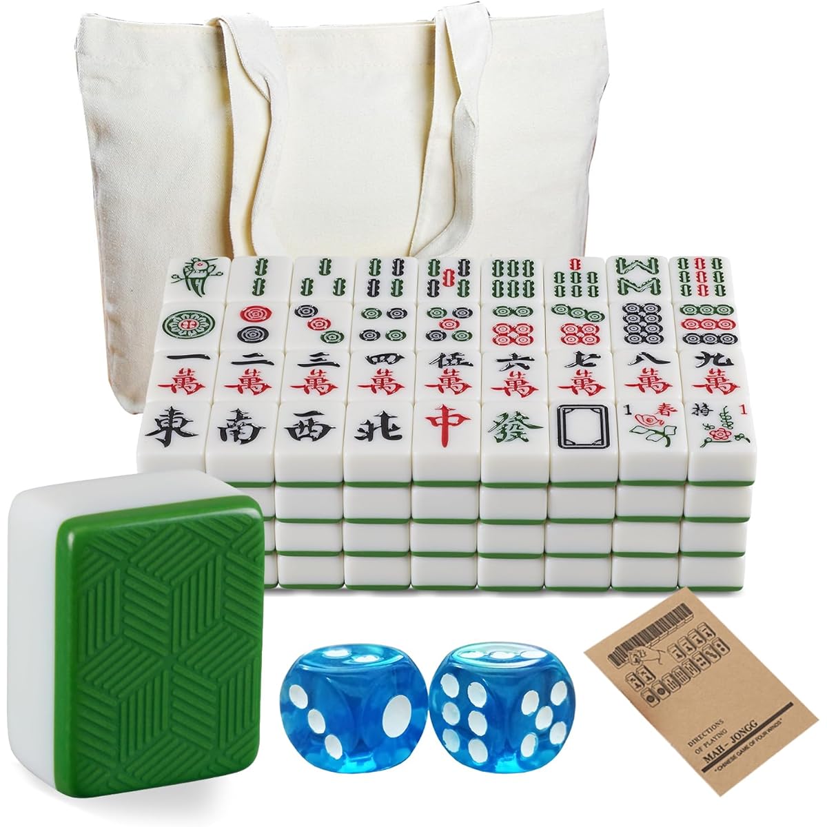 Chinese Mahjong Game Set 1.6" Large Size 144 Numbered Melamine Tiles/English Instructions Included Mahjong Set (Mahjong, Mahjong, Mahjong) (Green, 40mm)