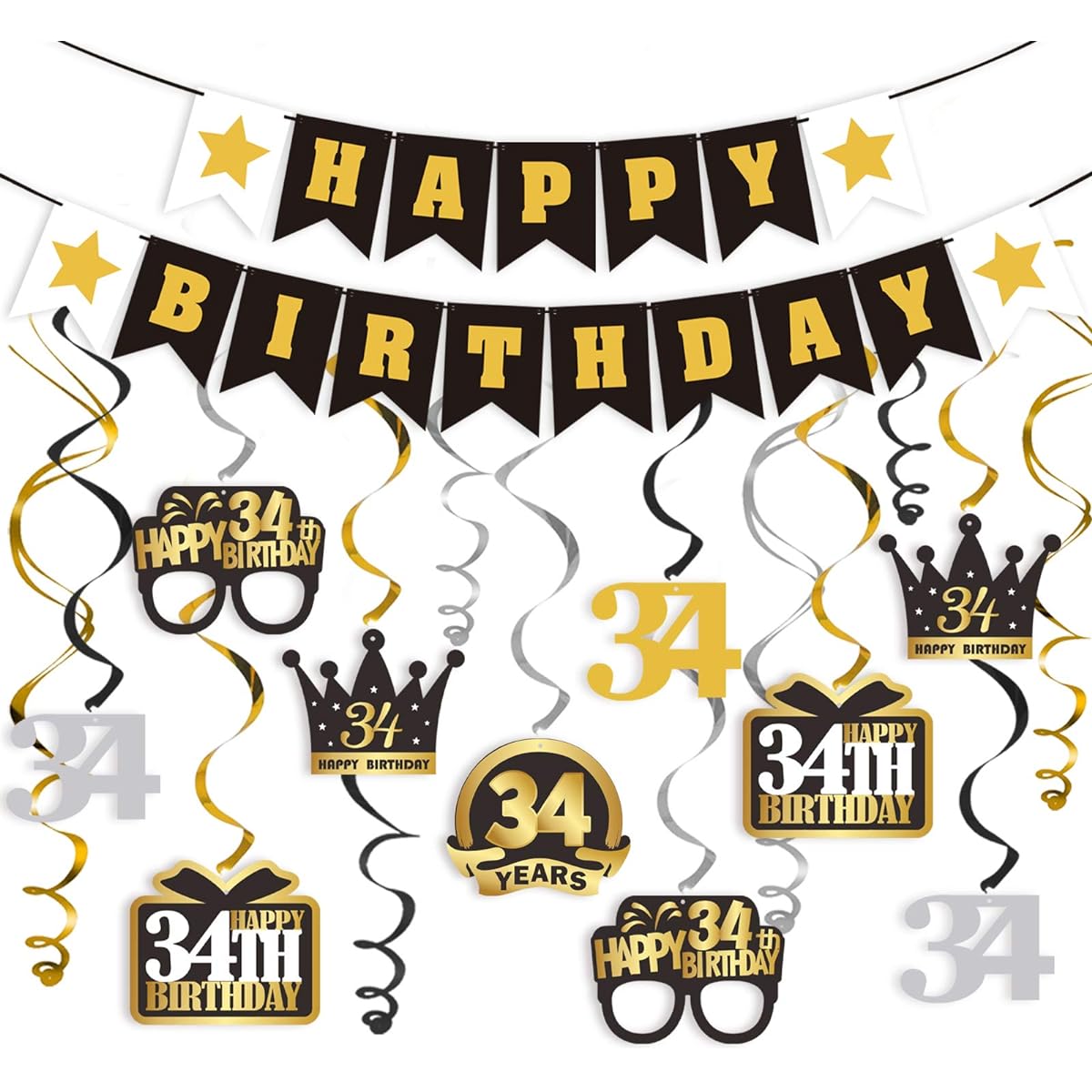 LINGTEER 34 Birthday Swirl Streamer Banner Set