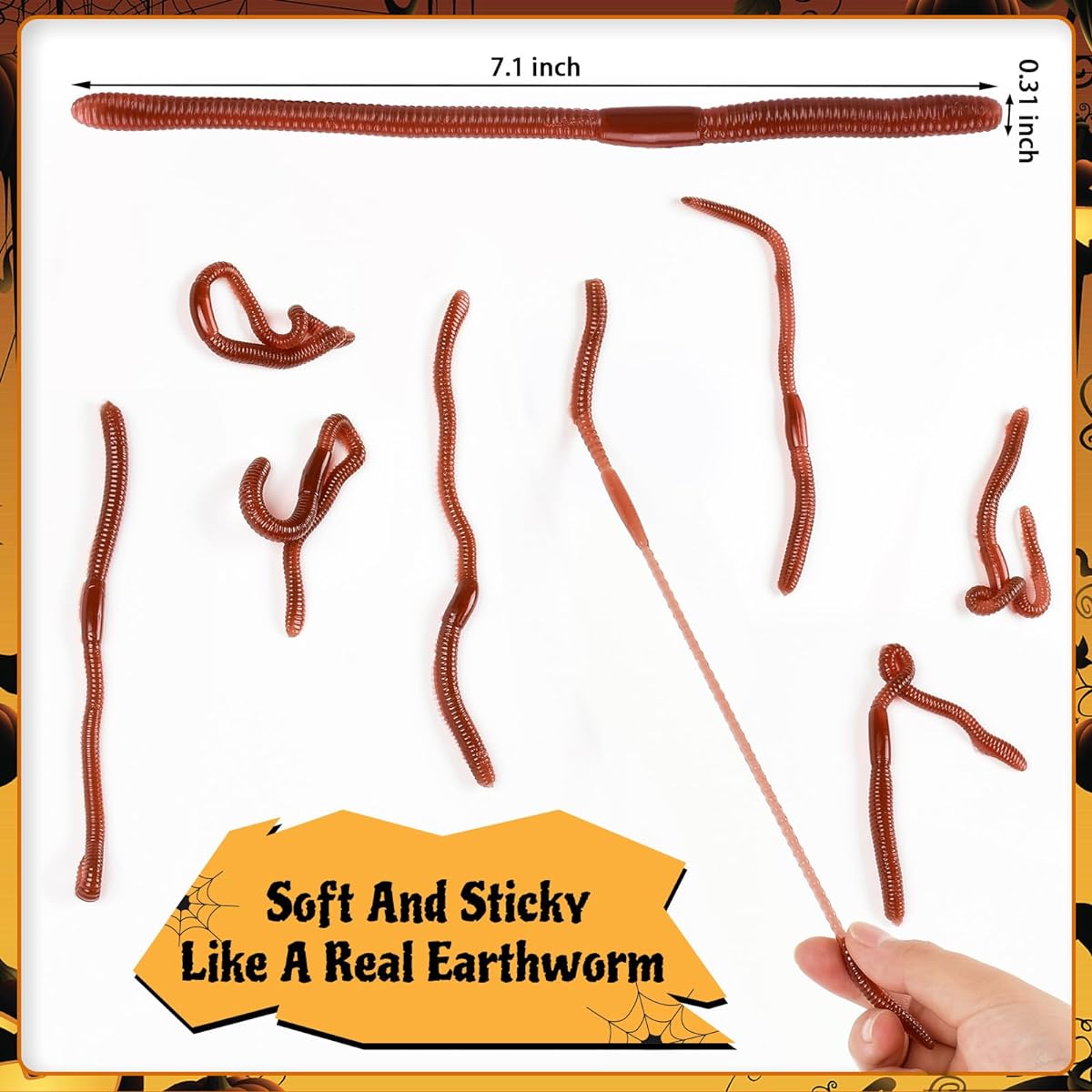 HLARTNET 50pcs Halloween Fake Worms Plastic Fake Earthworms Realistic Rubber Earth Worms Soft Stretchable Earthworm Trick Fishing April Fool's Party
