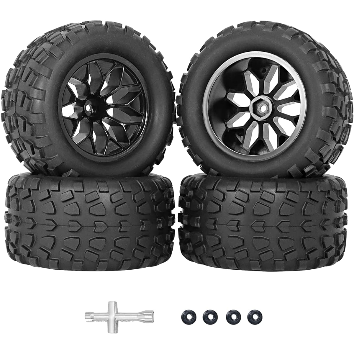 RC Station 12mm Hexagon RC Wheels and Tires 1/10 Scale RC Truck Tires and Wheels Traxxas Rustler Stampede Hoss E-Revo Redcat Volcano EPX 2.8 RC Tires and Wheels Pre-Glued with Foam Inserts 4pcs