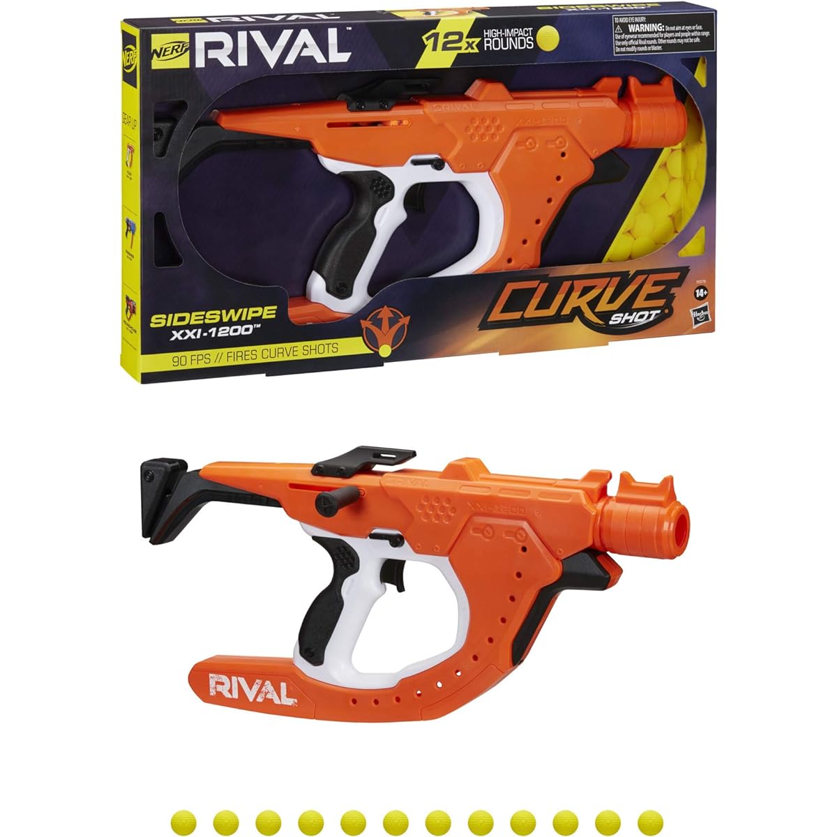 NERF Rival Curve Shot Sideswipe XXI-1200 Blaster Fire Rounds to Curve Left, Right, Downward or Fire Straight 12 Rival Rounds