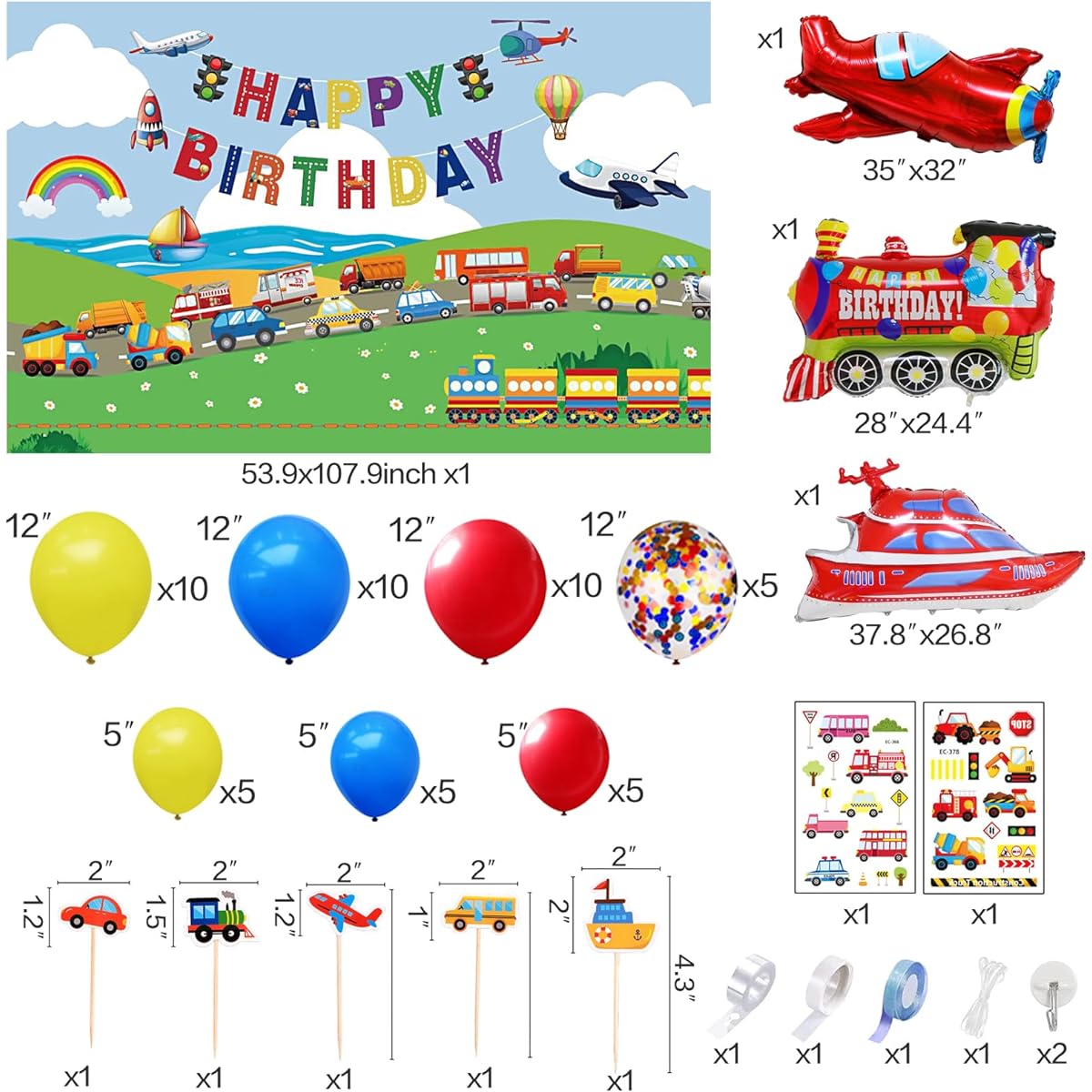 Transportation Birthday Party Decorations for Boys Happy Birthday Banner Car School Bus Train Motorcycle Airplane Foil Balloons Transport Vehicle Theme Birthday Party Supplies