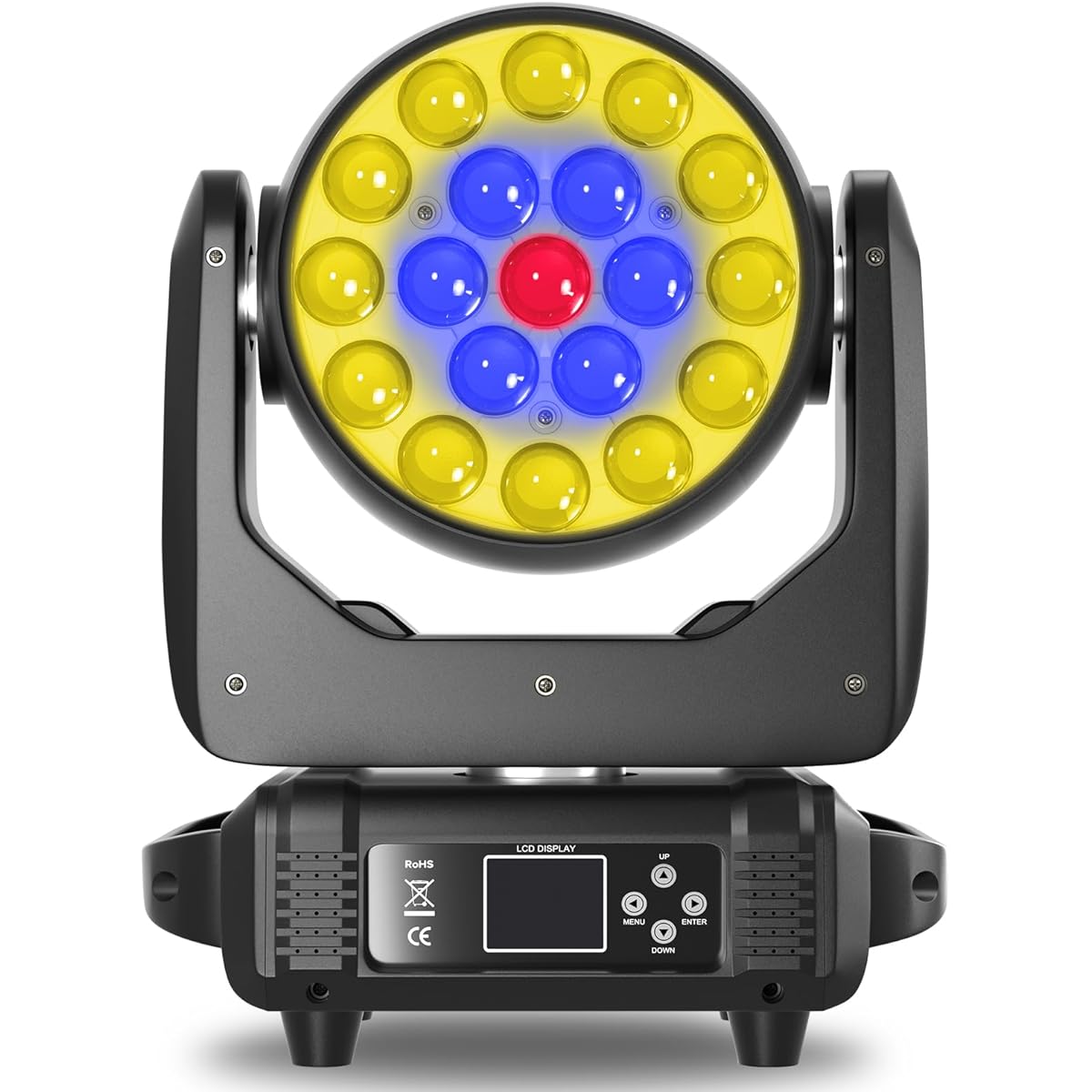 HOLDLAMP Moving Head Light 19x15W RGBW 4-in-1 LED Stage Par Light with Zoom&Beam&Wash Effects Sound Activated Automatic DMX Control for Wedding DJ Disco Party Nightclub Showbar (1 Pack)