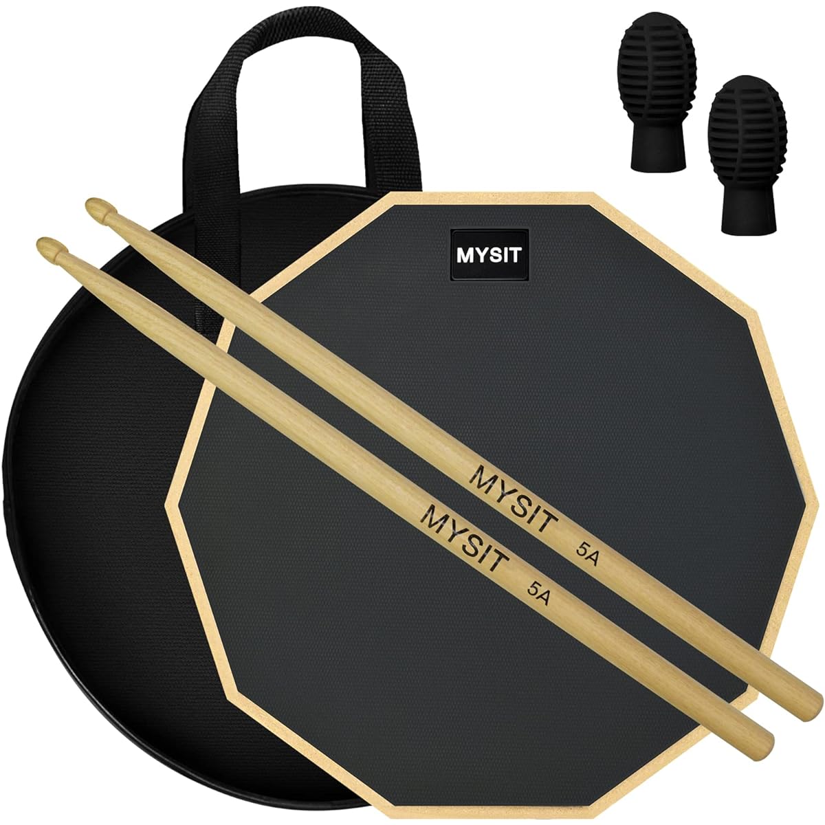 MySit 12 Inch Drum Practice Pad and Sticks Set with 2 Silicone Drumstick Mute Tips (Black) Double Sided Silent Snare Drum Pad with 5 Drum Sticks & Storage Bag for Real Feel Practice