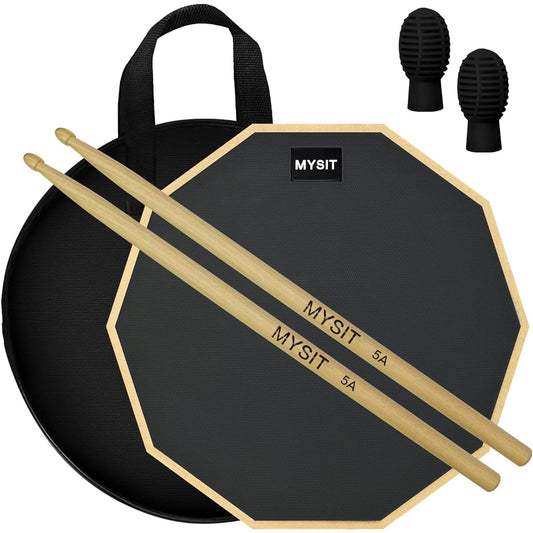 MySit 12 Inch Drum Practice Pad and Sticks Set with 2 Silicone Drumstick Mute Tips (Black) Double Sided Silent Snare Drum Pad with 5 Drum Sticks & Storage Bag for Real Feel Practice