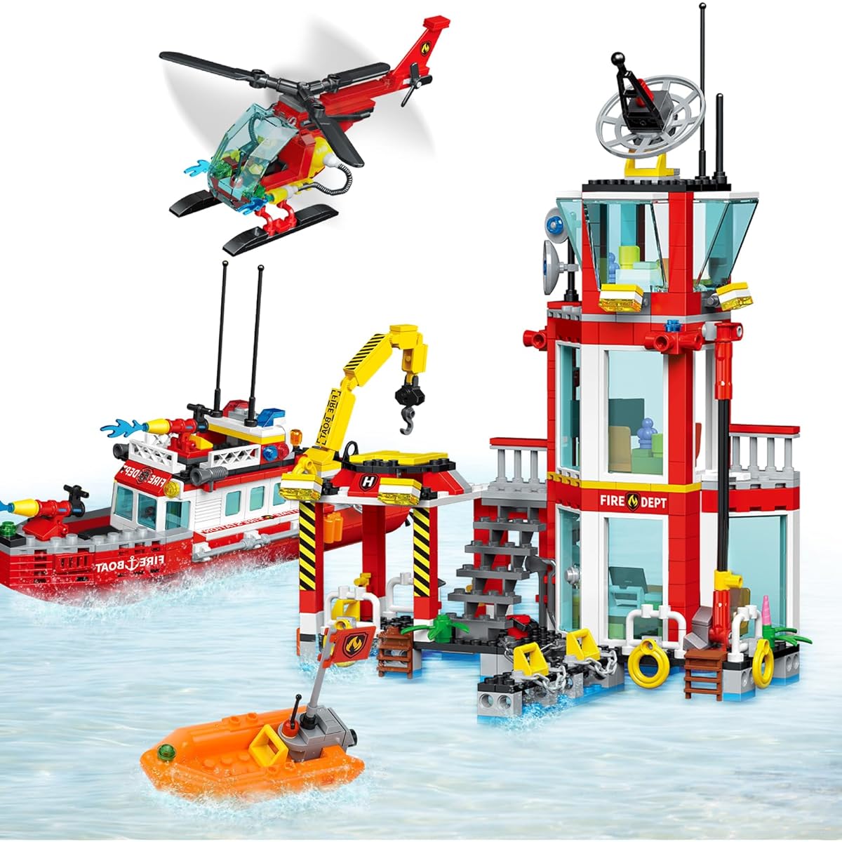 SATHIBI City Fire Department Building Set Marine Fire Department Rescue Helicopter Airplane Boat Cruiser STEM Role Play Toy Gift for Kids Boys Girls 6-10 Years (779 Pieces)