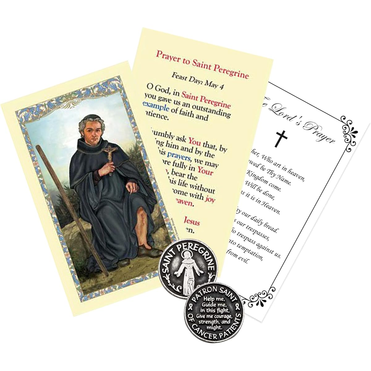 Laminated Saint Peregrine's Prayer Cards - Saint Peregrine Coin Token Lord's Prayer Cards | Catholic Saint Cards Patron Saint of Cancer Patients Pocket Prayer Tokens | Bundle of 5 Items