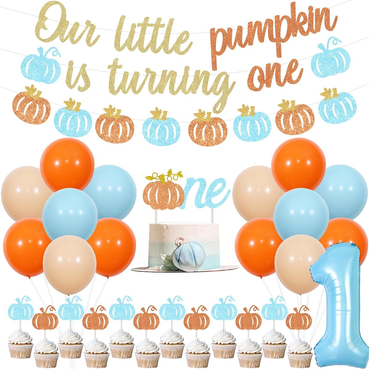 Little Pumpkin 1st Birthday Decorations for Boys, Blue Pumpkin First Birthday Decor, Our Little Pumpkin Is Turning One Banner, Cake Topper, Balloons, Fall Party Supplies