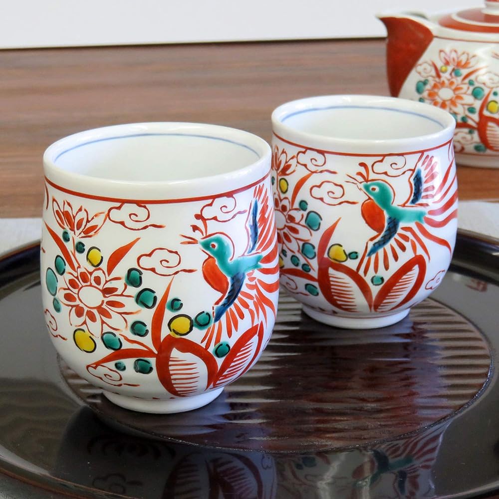 Pair teacup teapot set Kutani ware red gosu pottery brand Japanese tableware made in Japan
