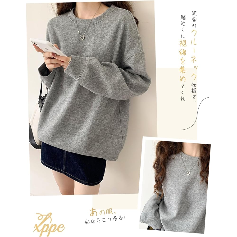 [xppe] Women's sweatshirt, tops, round neck, long sleeves, layered style, cotton blend, cut and sew, crew neck, loose, plain, cotton, soft, cute, fashionable, slimming, body cover, casual, commuting, office, fashion, daily, everyday wear, spring, fall, w