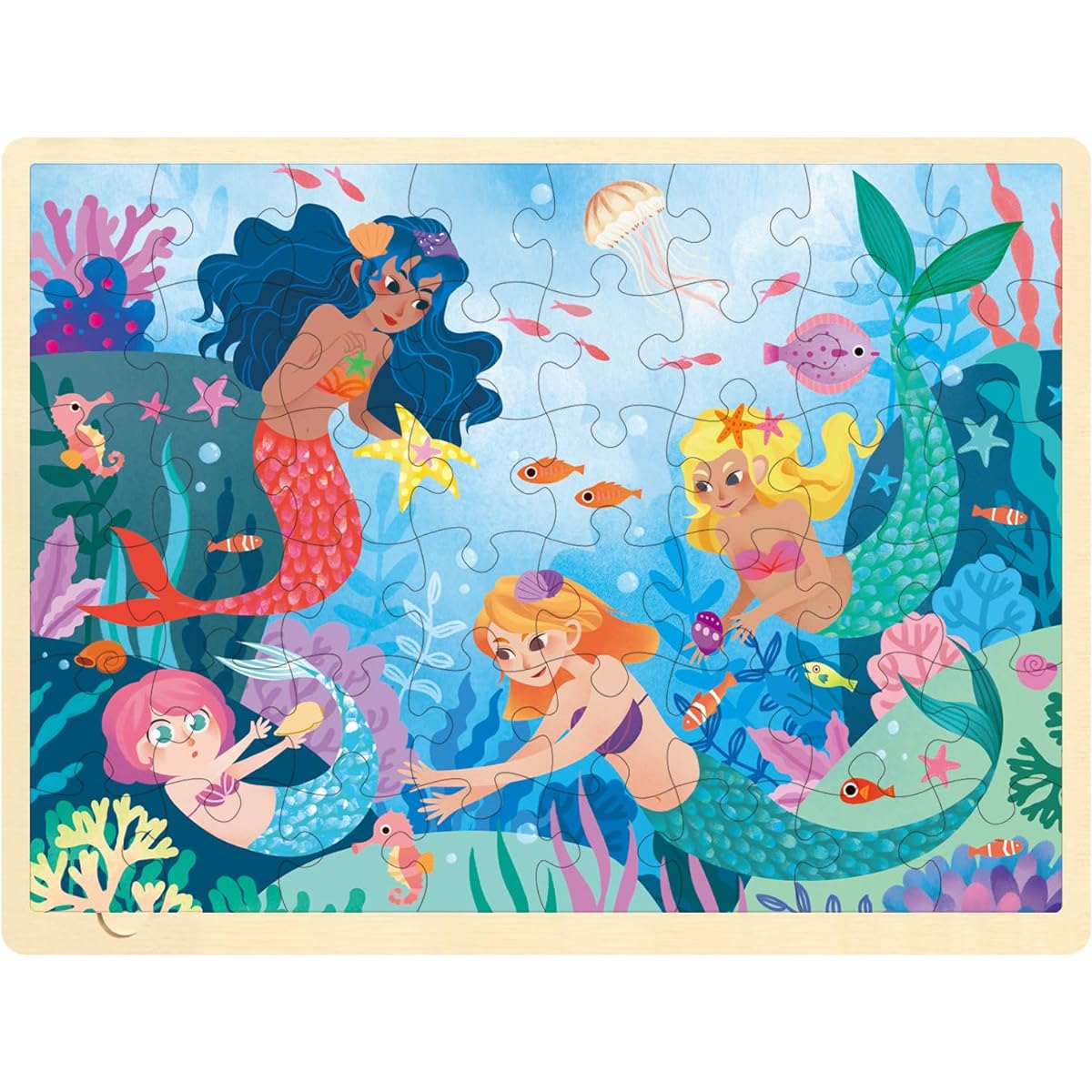 MoinKidz 48 Piece Puzzle for Kids Ages 3-5, Fun Mermaid Wooden Jigsaw Puzzle for Ages 3 with Unique Puzzle Pieces, Preschool Puzzles for Ages 4-8 with Puzzle Tray