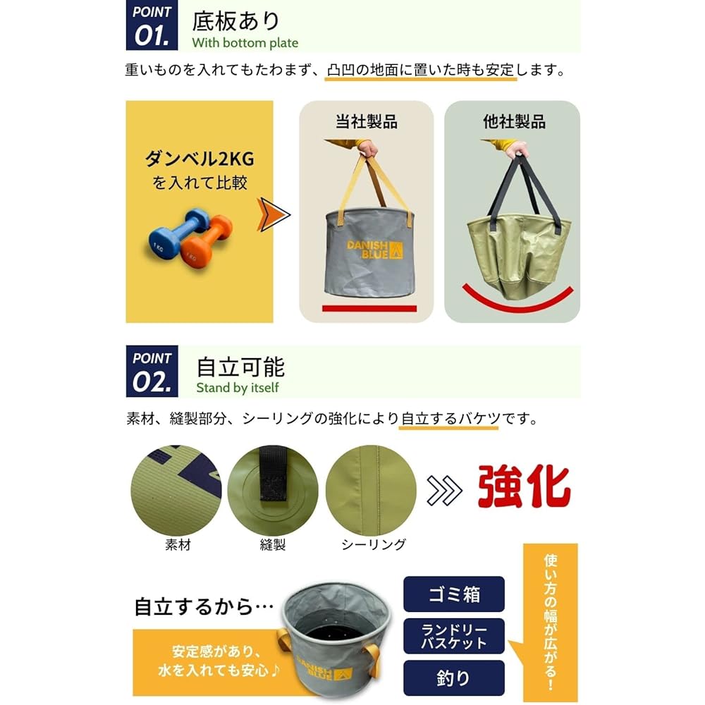 DANISH BLUE® Folding Bucket with Bottom Plate and Clothesline Net, Made by Camp Instructor, Large Capacity, Freestanding, One-Handheld, Firewood Bag, Car Wash, Footbath, Fishing, Trash Can, Laundry