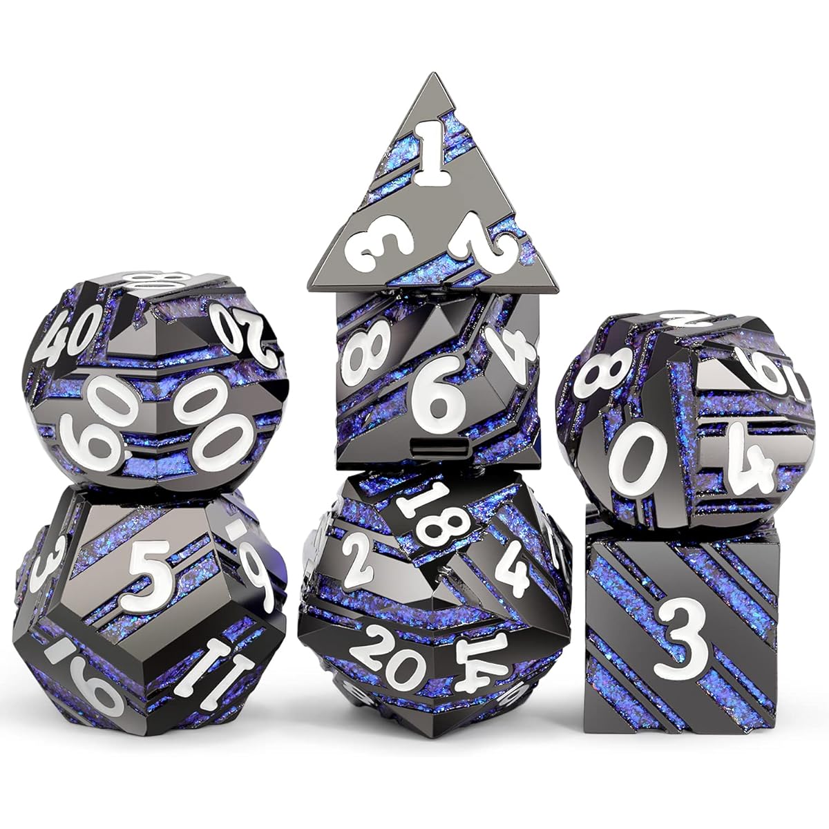 DNDND Dice Set D&D Metallic Striped Dice with Gift Case for Dungeons and Dragons DND (Nickel Plated Blue Stripes)