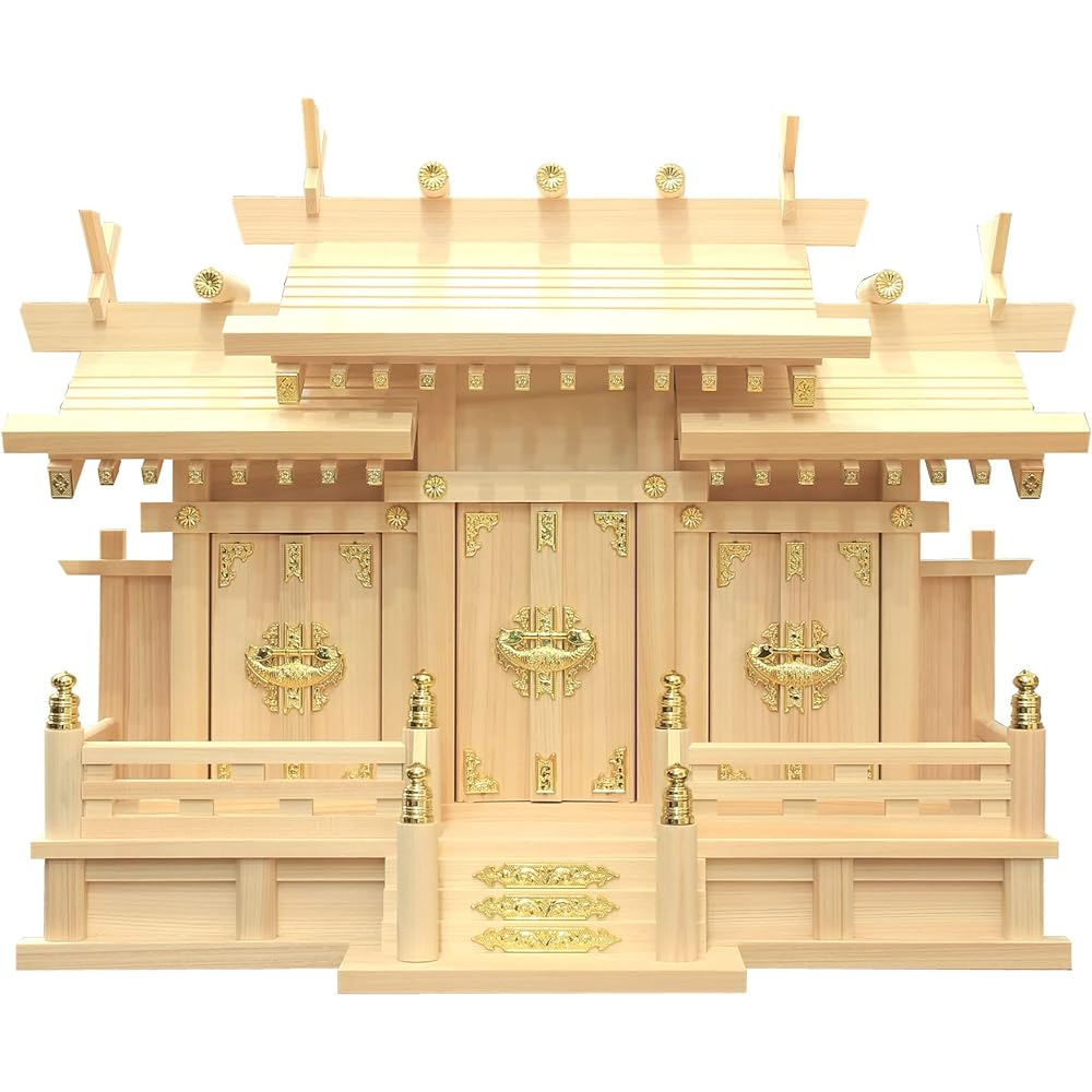 Matsuyama Shinto Buddhist Altar Shop, Shinto Altar, Three Shrines with Different Roofs, Small Shinto Shrine, Divine Mirror Set, Cloud Sticker Included, Made in Japan, Made in Japan, Hinoki Cypress, Width 54cm, Height 44cm, Depth 23cm