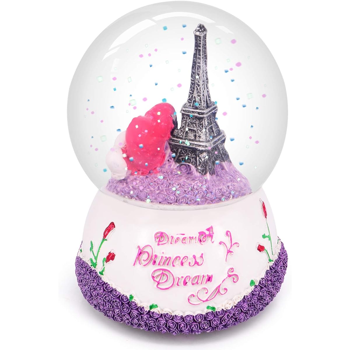 QTKJ Paris Snow Musical Globe with Rotating Tower Eiffel Tower Snow Globe Rose Flower Vase 100mm 6 Inch Height Souvenir Collection (Purple)