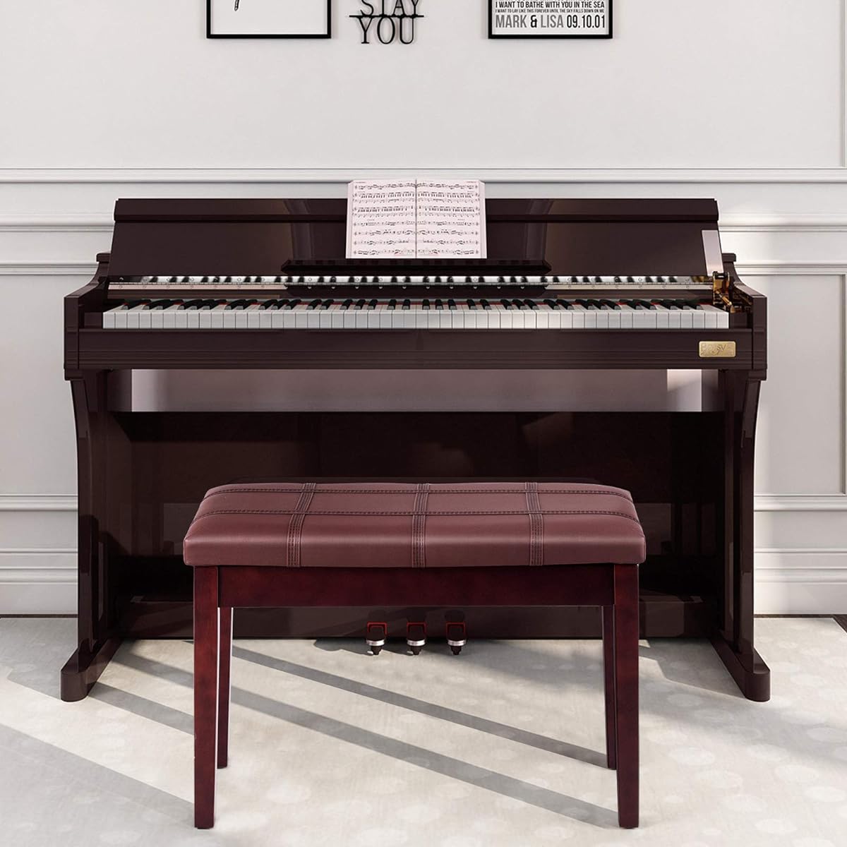 GOFLAME Piano Bench with Padded Cushion and Music Storage Comfortable Double Duet Seat with PU Leather and Wooden Legs Perfect for Professional or Home Use (Brown)