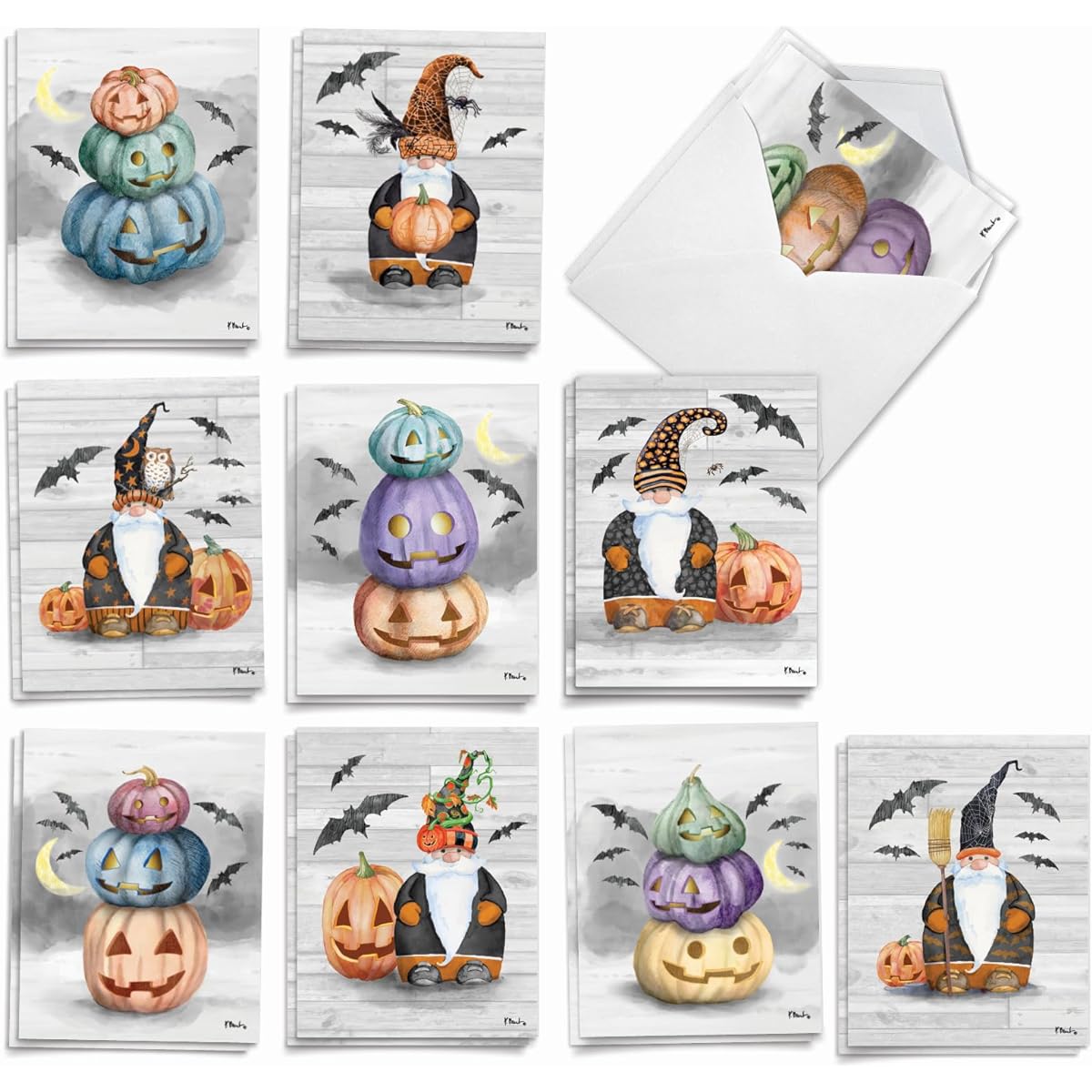 The Best Card Company - Assortment of 20 Halloween Cards with Envelopes (2 of each of 10 designs) - Assortment of Spooky Boxes (4 x 5.12 inches) - Gnomes and Pumpkins AM3374HWG-B2x10