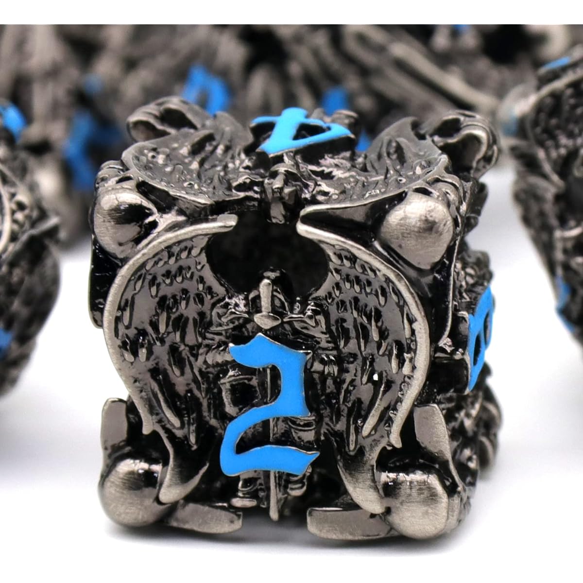 DND Dice Dungeons & Dragons Dice Metal Dice Set D&D with Box HNCCESG Unique Role Playing Dice Hollow Polyhedral Starter Dice Game D and D Dice for Board Games RPG Warhammer (Angel Blue Number)
