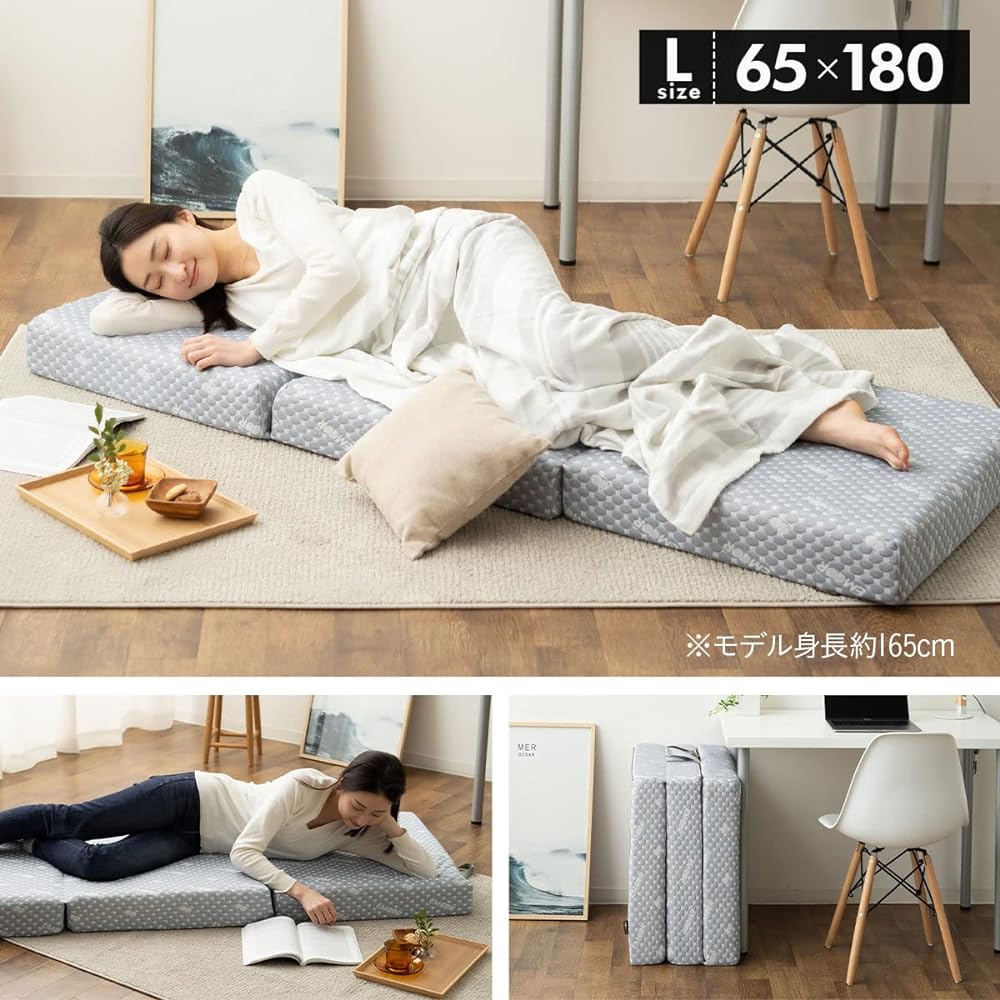 Emur sleeping mat, long cushion, L size, compact mattress, high resilience, tri-fold, nap mat, sleeping in the car