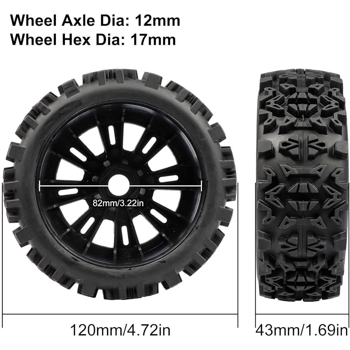 Acekeeps Glued Hex 17mm 1/8 RC Buggy Wheel and Tire Combo for Typhon 3S 6S RC Buggy Off-Road Car, Pack of 4 (OD 120x43mm)