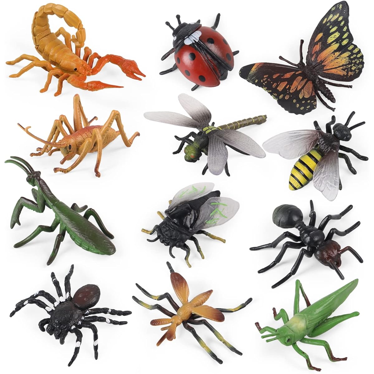 SIENON Realistic Insect Toy Figures - 12pcs Large Plastic Bug Figures Ladybug Bee Butterfly Ant Cricket Mantis Scorpion Spider School Projects Halloween Insect Theme Birthday Party Favors