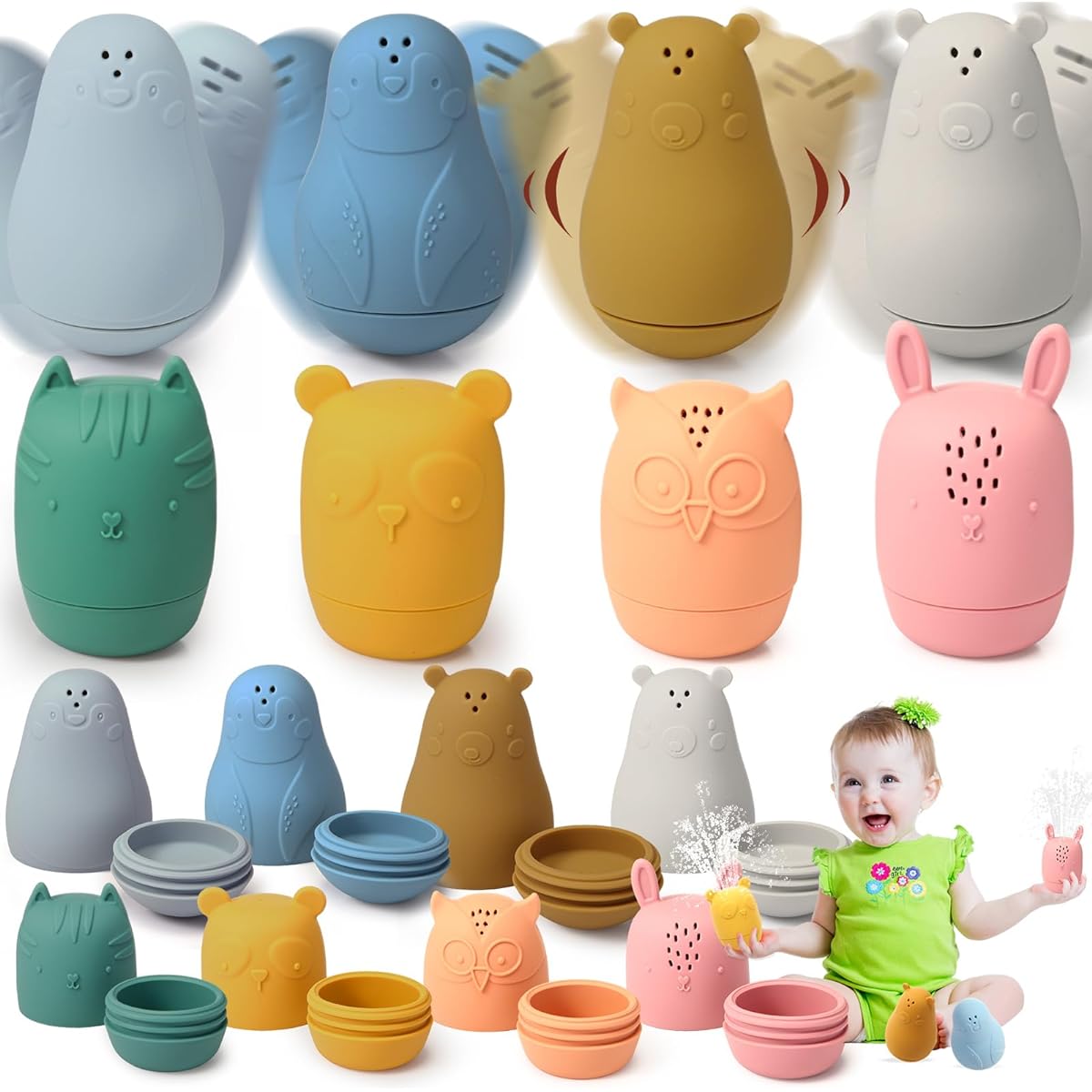 Libima Silicone Bath Toys, Colorful Adorable Animals Bathtub Toys, Floating Water Toys, Bathtub Silicone Toys, Easy Open and Clean Design for Boys and Girls, 8 Pieces