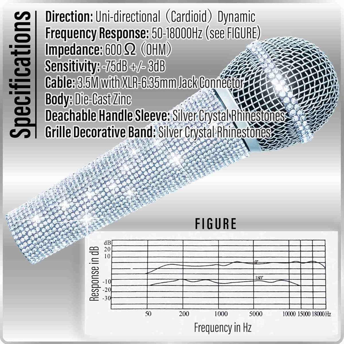 RhymKawa Silver Bling Cardioid Dynamic Vocal Wired Microphone Kit Singing Karaoke Microphone with Case and Bling Crystal Sleeve Cover