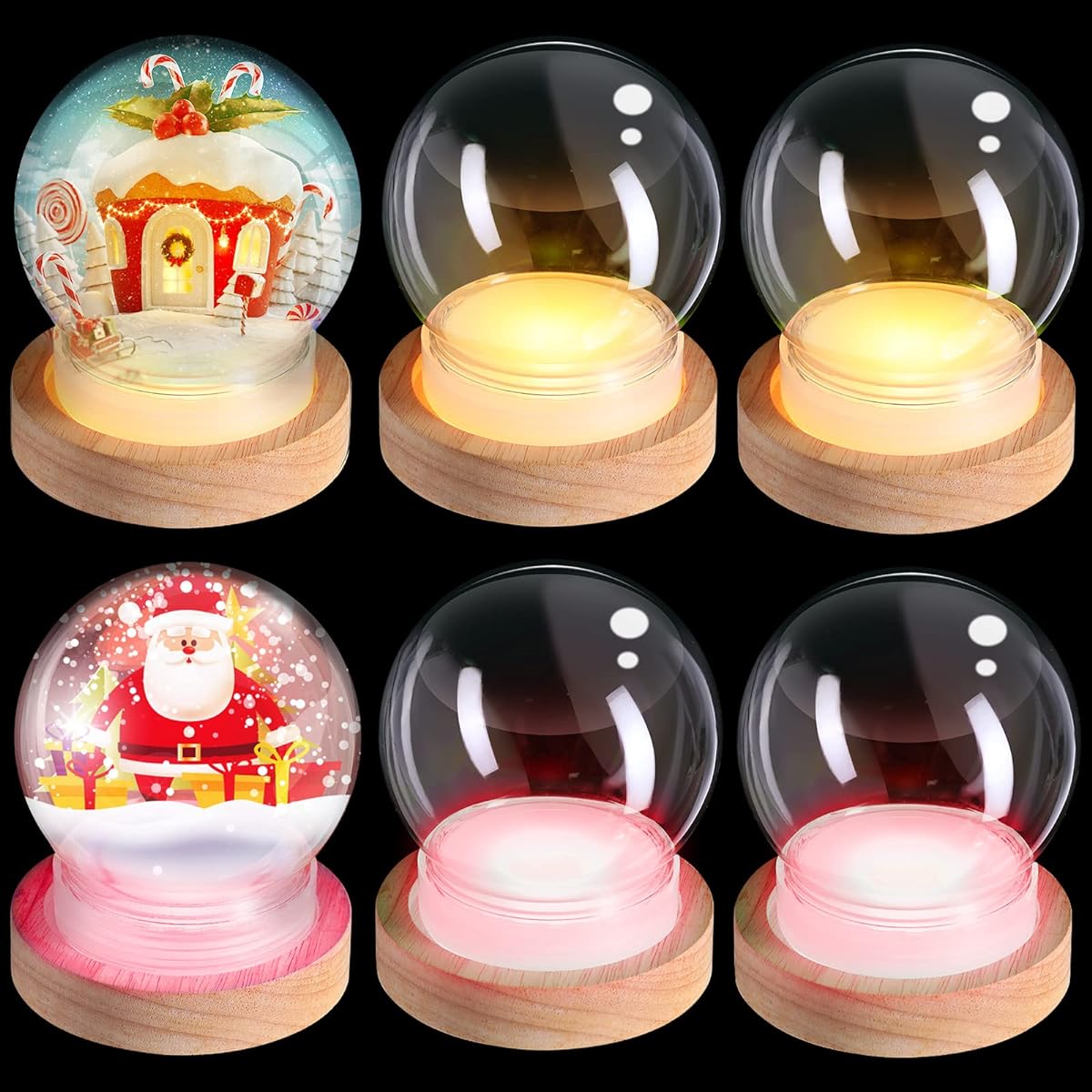 Irenare 12pcs 3.9" DIY Clear Plastic Water Globes Lighted Snow Globes with Wooden Light Display Base LED Display Stand and Screw-Off Caps for DIY Crafts