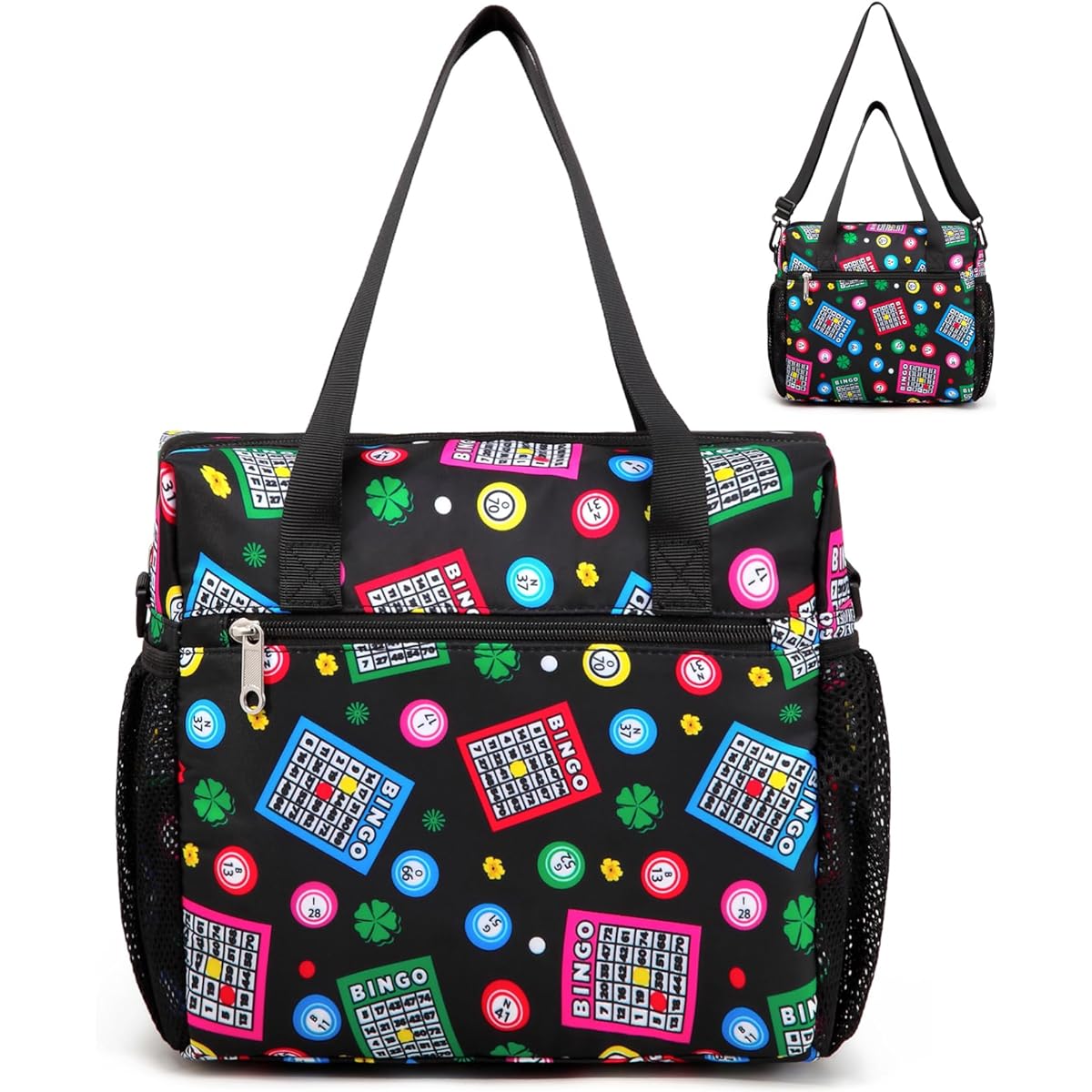 Bingo Bag with Pockets, Bingo Accessories Supplies, Large Size Bingo Tote for Bingo Dover, Bingo Gifts for Women, Bingo Lovers, Waterproof Bingo Carry Bag with Shoulder Strap, Bingo Game Essentials