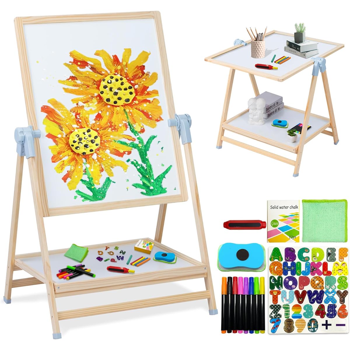 Weudear Kids Easel, Double Sided Wooden Easel Stand, 4 in 1 Whiteboard & Magnetic Drawing Board & Tabletop Easel, Art Easel 2-4 4-8 9-12 Adjustable Height 22-39 Inch