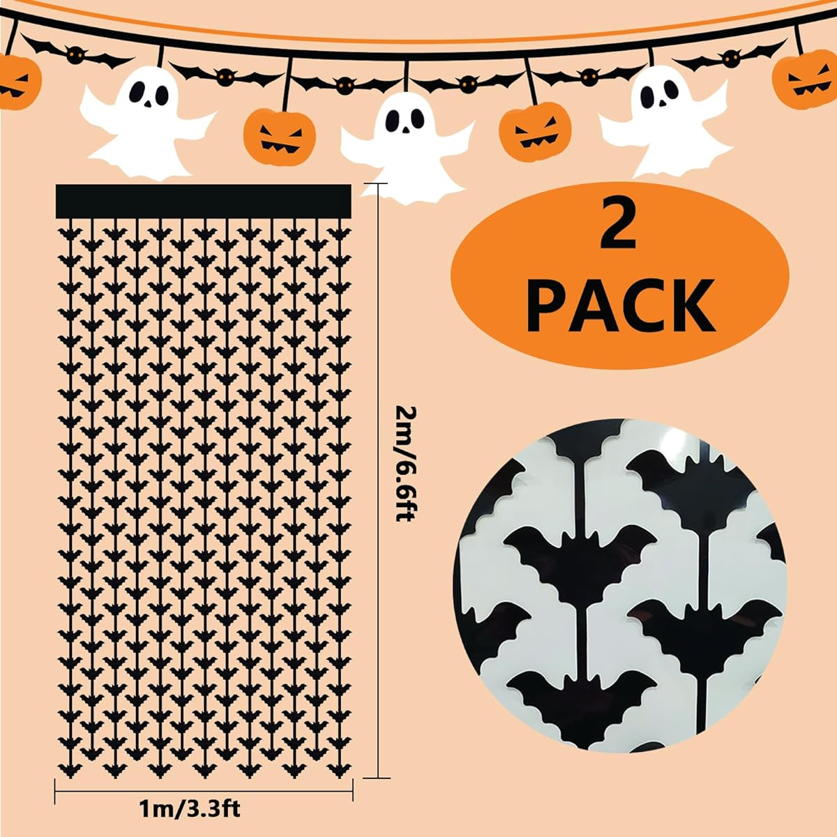 2 Pack 3.3ft x 6.5ft Halloween Foil Fringe Curtains Black Bat Metallic Tinsel Curtains Streamers Large Party Photo Booth Props Backdrop Wall Door Indoor Outdoor Decoration