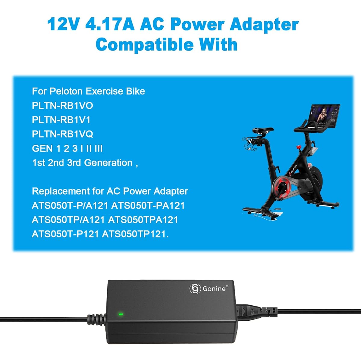 Gonine 12V Power Cord Compatible with Peloton 12Vdc 4.17 Exercise Bike Model: PLTN-RB1VO PLTN-RB1V1 PLTN-RB1VQ GEN 1 2 3.