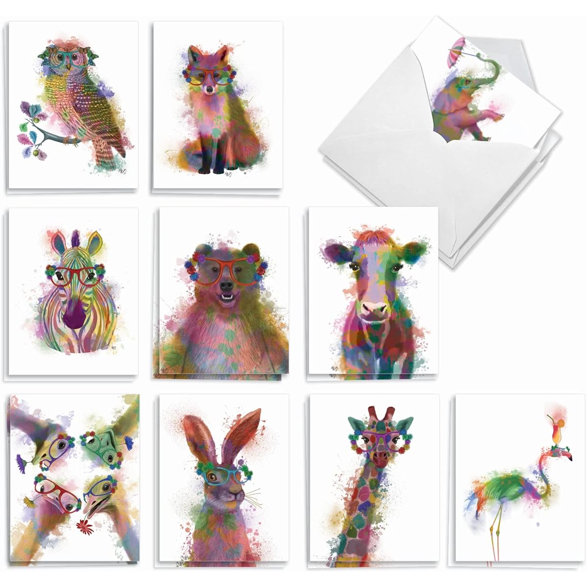 The Best Card Company 20 Birthday Notecards Assorted Box Set 4 x 5.12 Inch with Envelopes (10 Designs, 2 of Each) Funky Rainbow Wild Animals AM4948BDG-B2x10