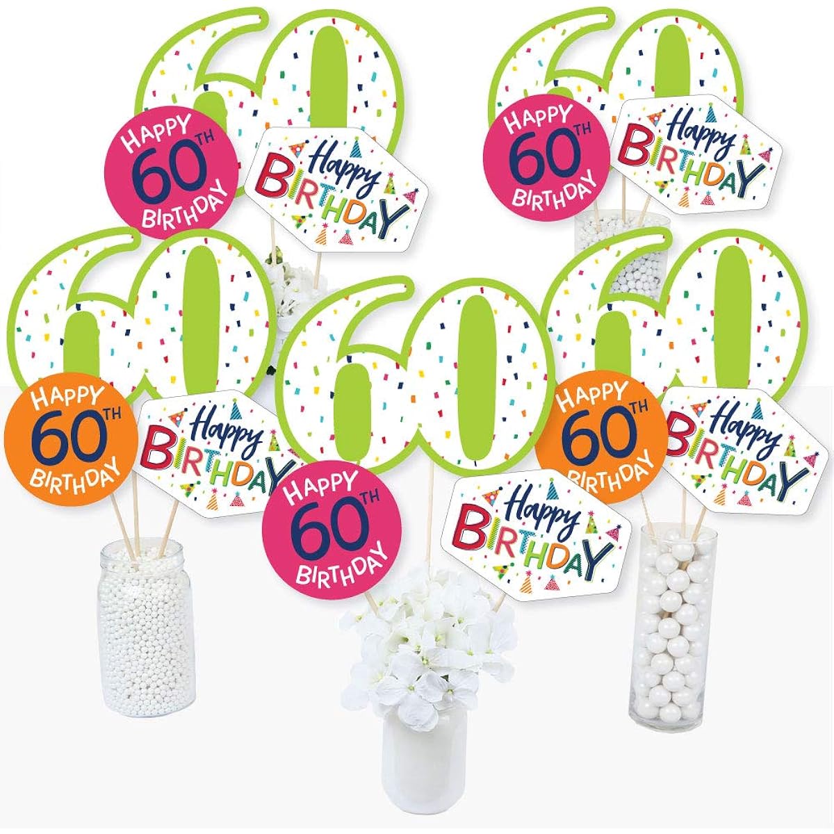 60th Birthday - Cheerful Happy Birthday - Colorful 6th Birthday Party Centerpiece Sticks - Table Topper - Set of 15