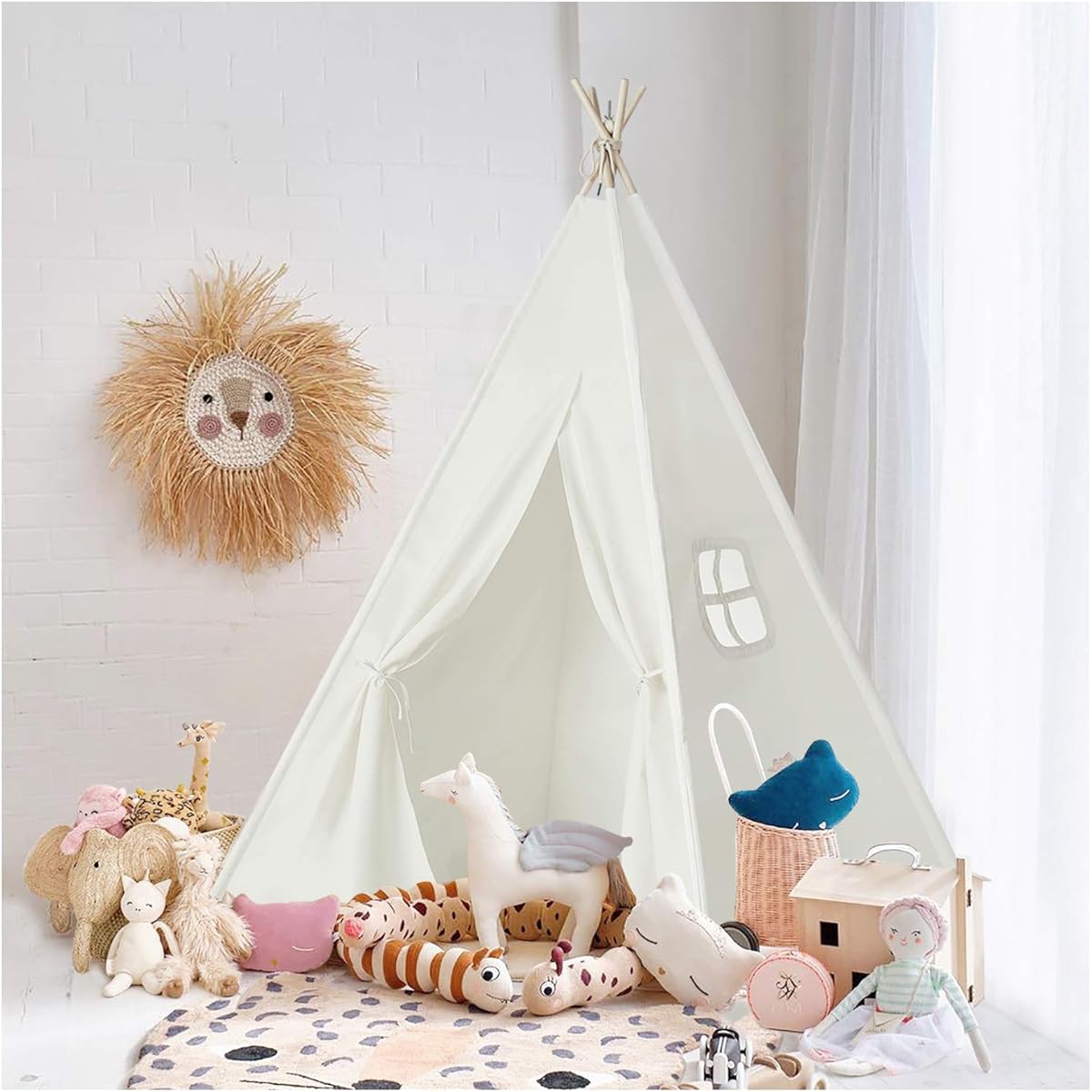 UKadou Kids Teepee Tent for Kids, White Teepee Tent for Girls and Boys, Canvas Fabric Indoor Tent with Stabilizers, Kids Play Teepee for Indoor & Outdoor Use
